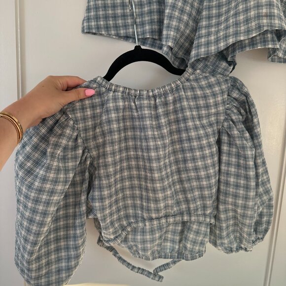 Jonathan Simkhai Co-Ords Two-Piece Set Plaid Puff Sleeves Crop Top & Shorts - Picture 10 of 13